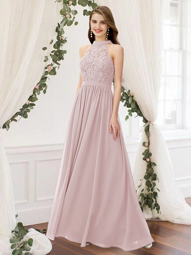 Luolandi A-Line Bridesmaid Dress Jewel Neck Sleeveless Elegant Floor Length Chiffon / Lace with Pleats Pure Color